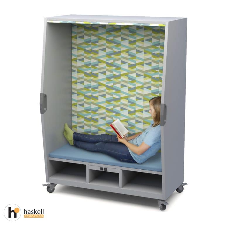 Think Nook with Upholstered Seating, Back & Ceiling, Cubby Storage, Power Unit, Magnetic White Board Backing & Locking Casters – Fresco